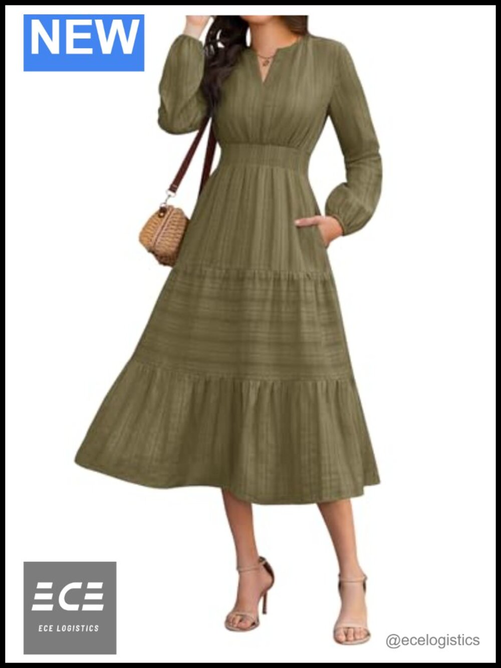 Women's Cotton Midi Dress V-Neck Long Sleeve Tiered Smocked Waist A-Line